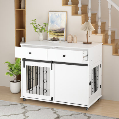 White HouseOfZazla dog crate furniture with double drawers and sliding barn door on Tampa Home & Garden Store