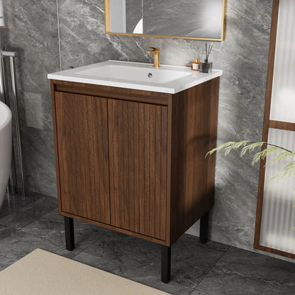 Bathroom vanity with ceramic sink, freestanding cabinet, soft-closing drawers, brass faucet on Tampa Home & Garden Store