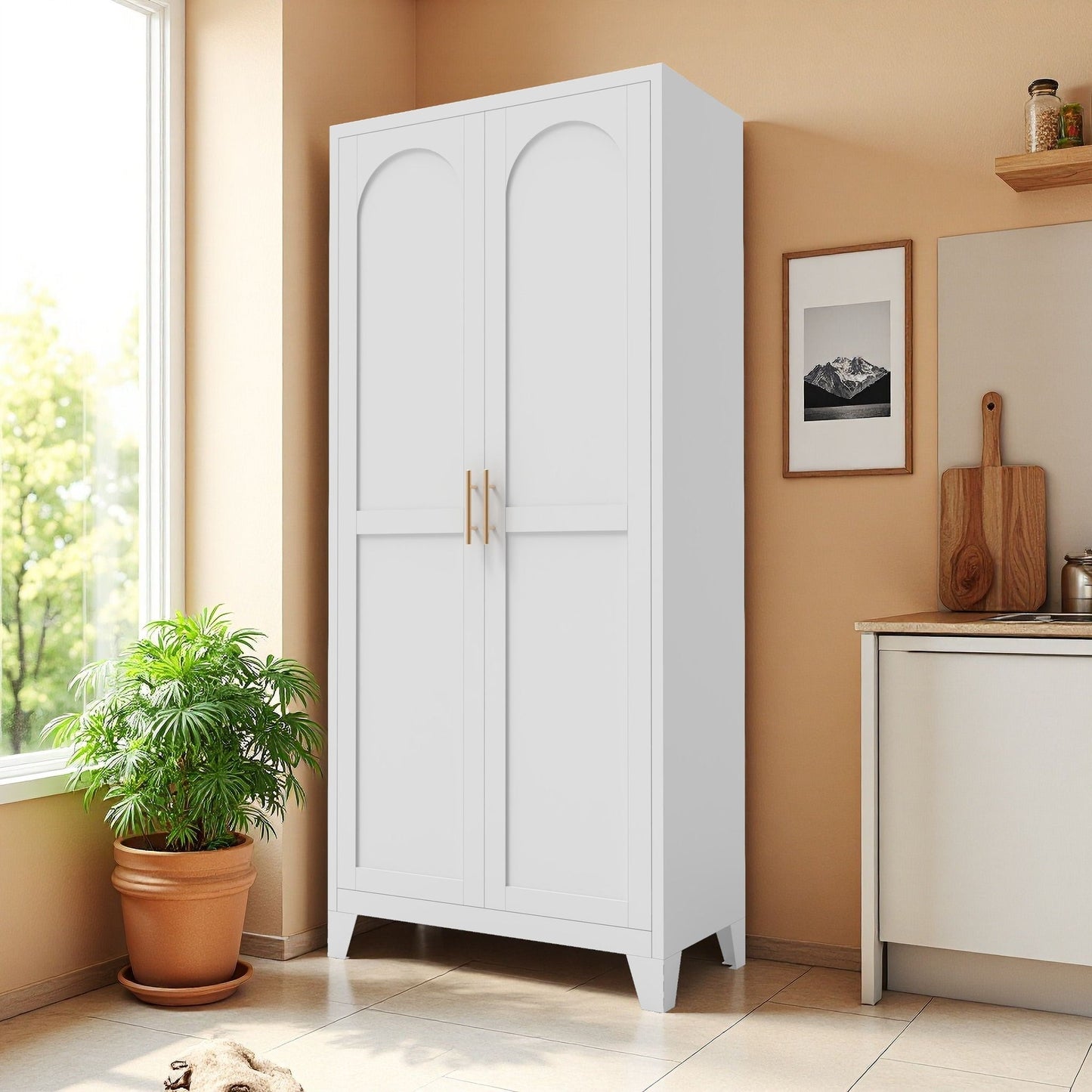 Shapely Doors Cabinet white metal storage with arched-panel doors and adjustable shelves on Tampa Home & Garden Store