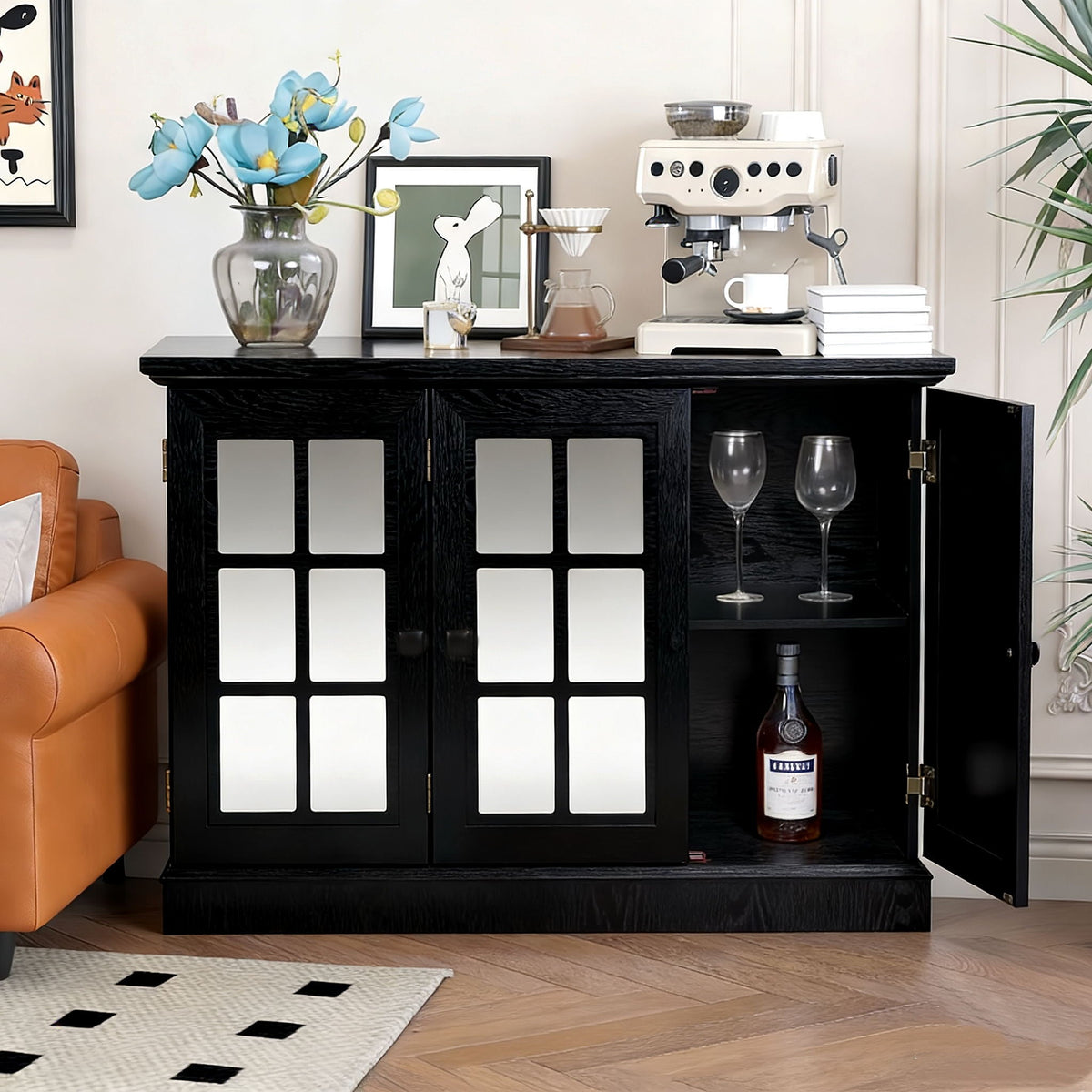Storage cabinet with 3 mirrored acrylic doors in black finish and adjustable shelves on Tampa Home & Garden Store