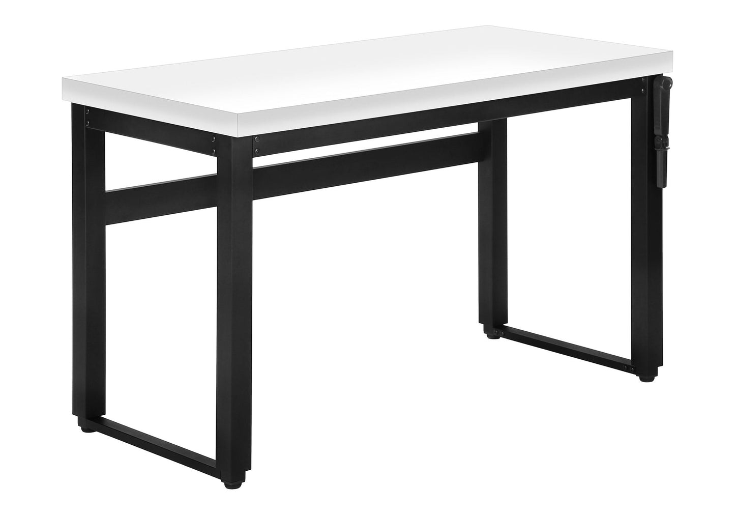 Adjustable standing computer desk with white top and black metal frame, crank height adjuster on Tampa Home & Garden Store