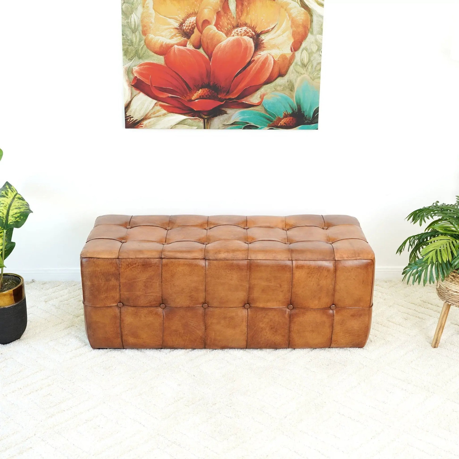 Benjiro tan leather upholstered tufted bench with square panels by Unique Piece Furniture on Tampa Home & Garden Store