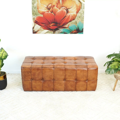 Benjiro tan leather upholstered tufted bench with square panels by Unique Piece Furniture on Tampa Home & Garden Store