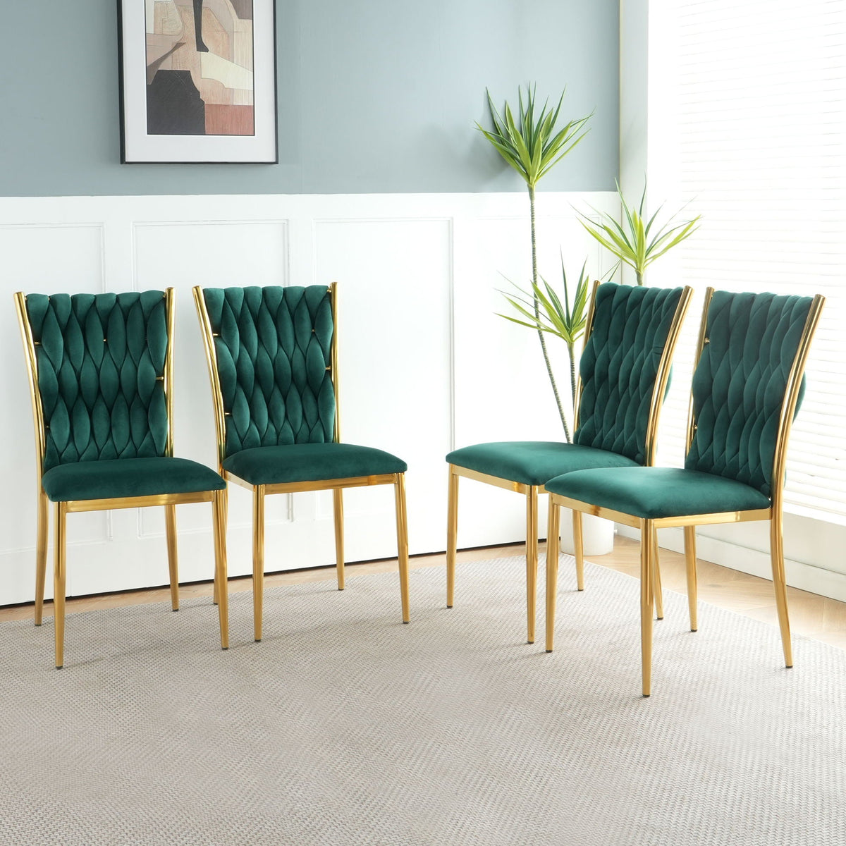 Modern dining chair set with plated gold legs in teal velvet, tufted back (5 chairs) for dining on Tampa Home & Garden Store