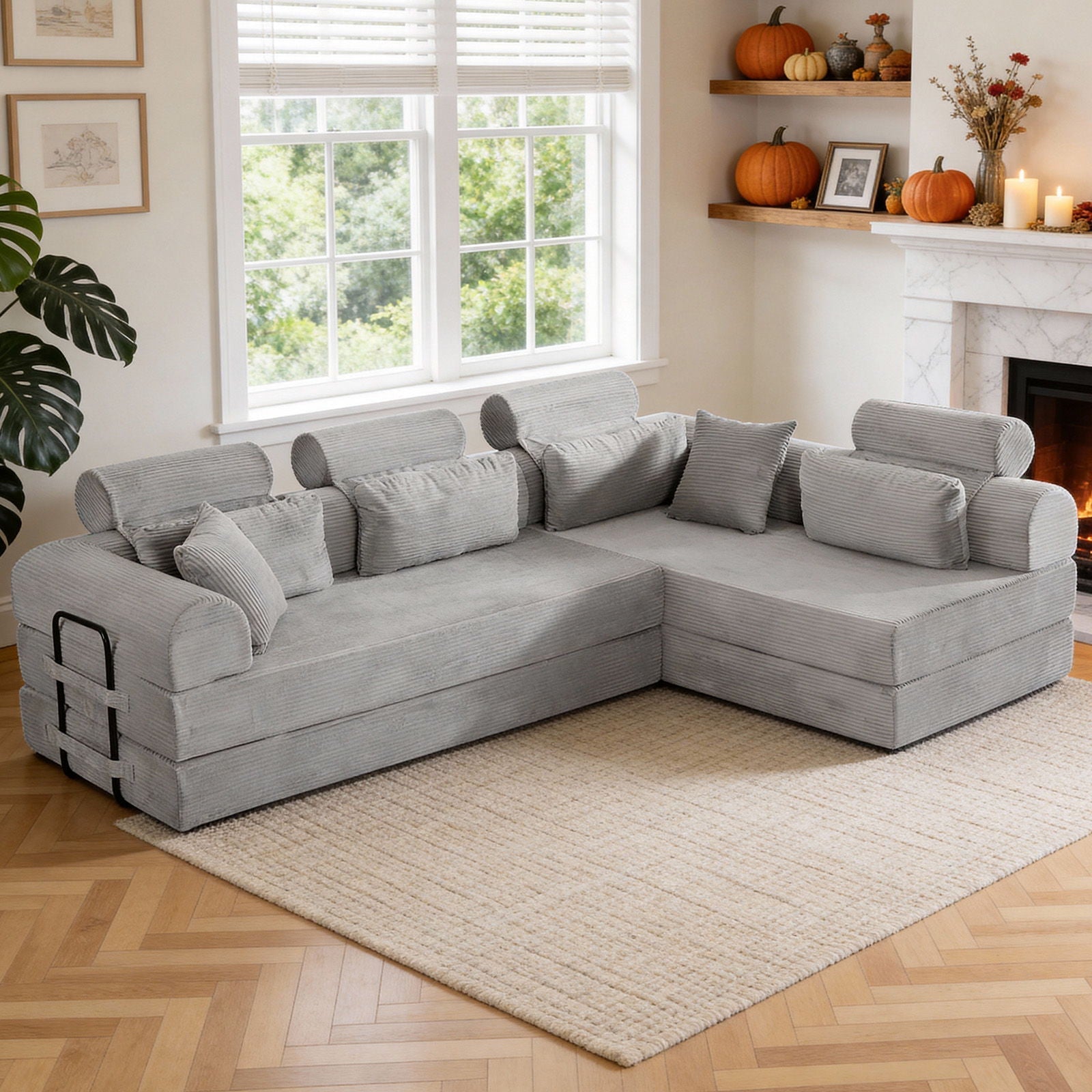 Modern L-shape modular sectional sofa in light gray textured fabric with multiple back cushions on Tampa Home & Garden Store