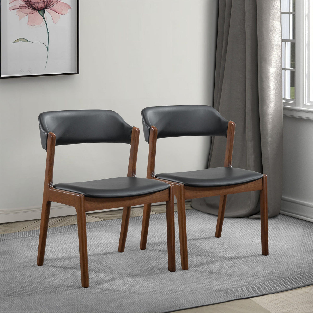 Enzo Dining Chair Set of 2, black vegan leather seats with wooden legs on Tampa Home & Garden Store