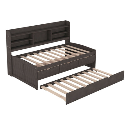 Captain Bed with shelves, 3 drawers, and trundle in espresso by HouseOfZazla on Tampa Home & Garden Store