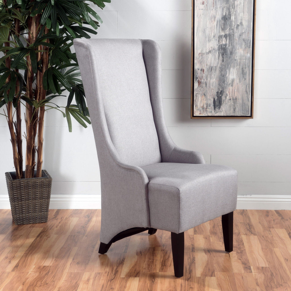 Upholstered dining chair with high back in gray fabric and birch wood legs by HouseOfZazla on Tampa Home & Garden Store