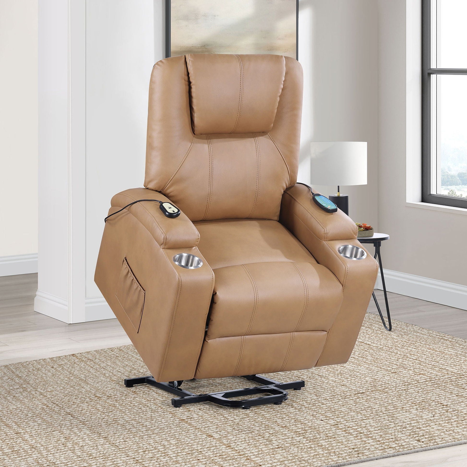 Macklin Power Lift Massage Recliner tan leather with heat and dual cupholders on Tampa Home & Garden Store