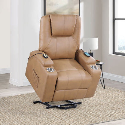 Macklin Power Lift Massage Recliner tan leather with heat and dual cupholders on Tampa Home & Garden Store