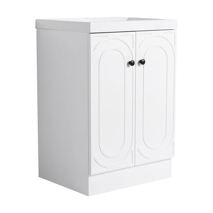 Freestanding white bath vanity with resin sink, two doors with circular raised panels on Tampa Home & Garden Store