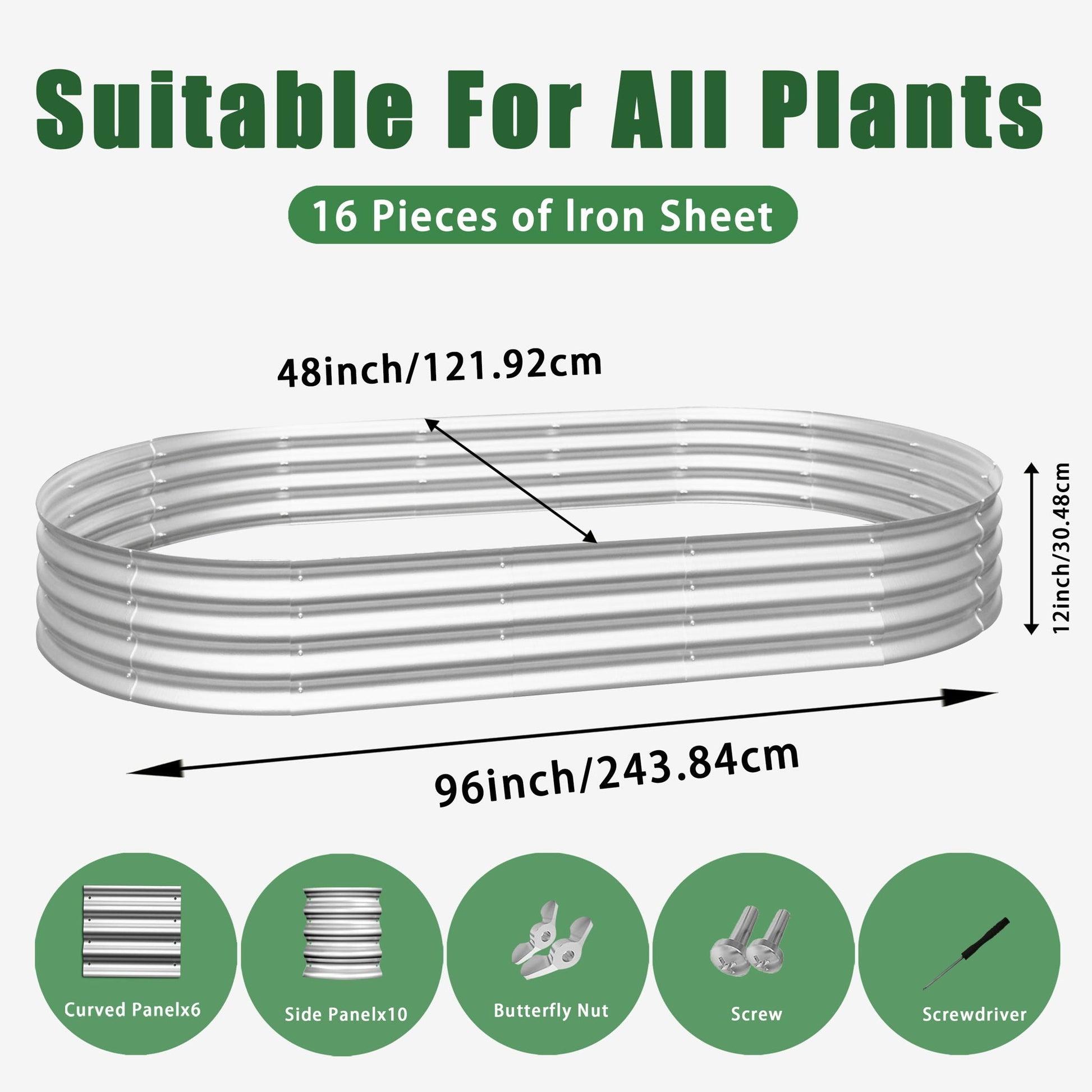 HouseOfZazla galvanized raised bed kit with 6 curved panels and 10 side panels, 96in long on Tampa Home & Garden Store