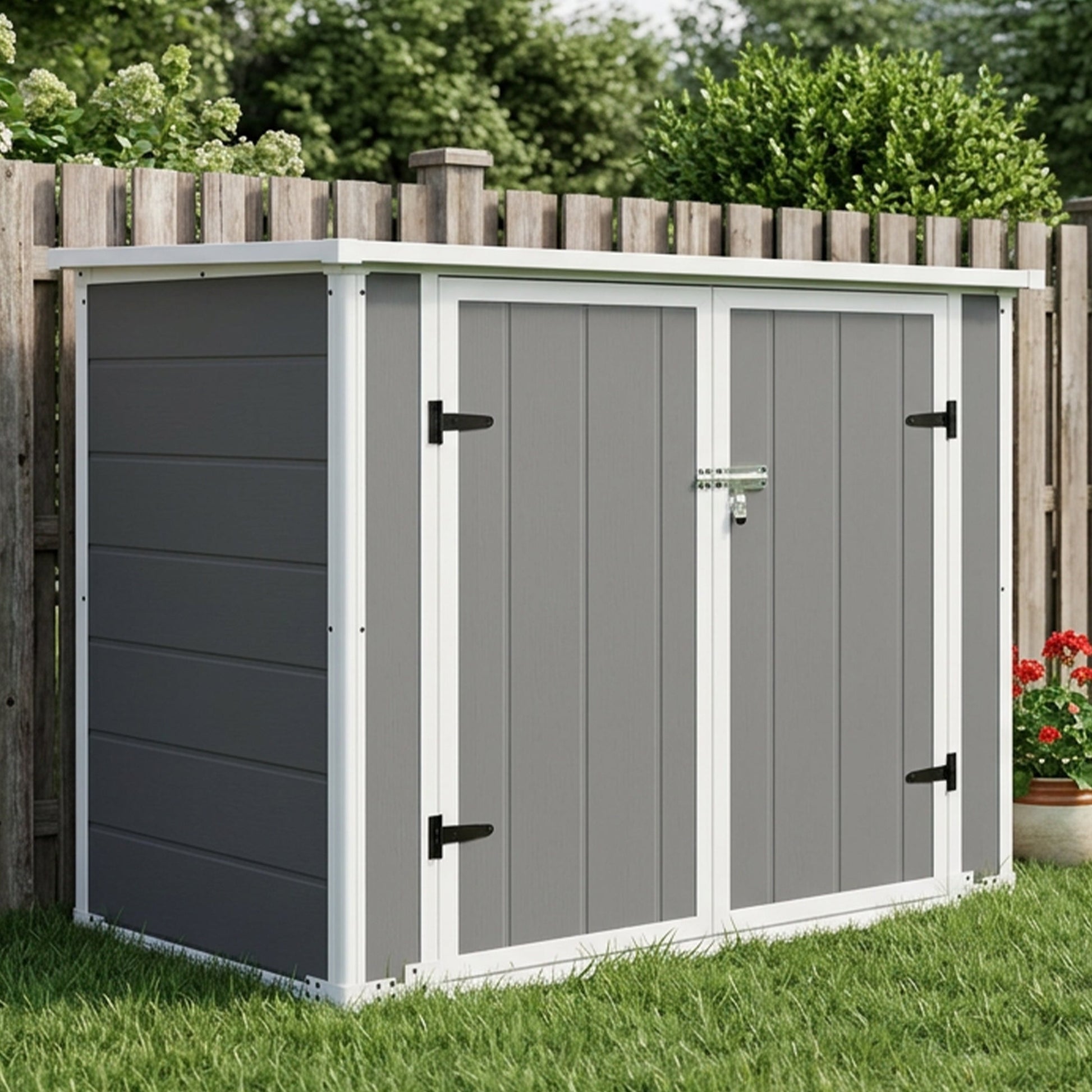Horizontal Outdoor Storage Shed with Ramp & Hydraulic Lid HouseOfZazla gray doors with white trim on Tampa Home & Garden Store