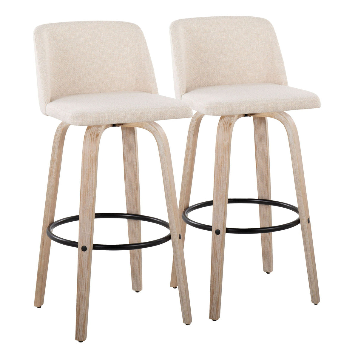 Beige mid-century fixed-height bar stools, wood legs, black footrests by HouseOfZazla on Tampa Home & Garden Store