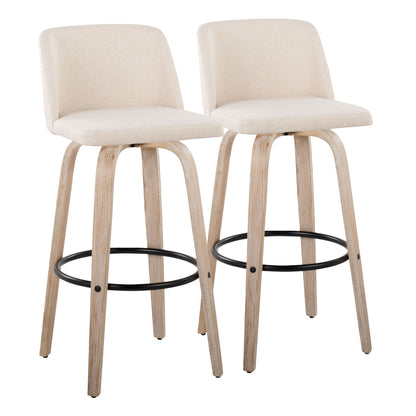 Beige mid-century fixed-height bar stools, wood legs, black footrests by HouseOfZazla on Tampa Home & Garden Store