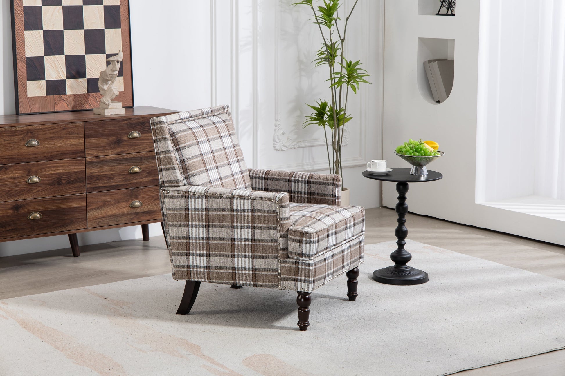 Upholstered Accent Chair in brown plaid linen with nailhead trim and dark wooden legs on Tampa Home & Garden Store