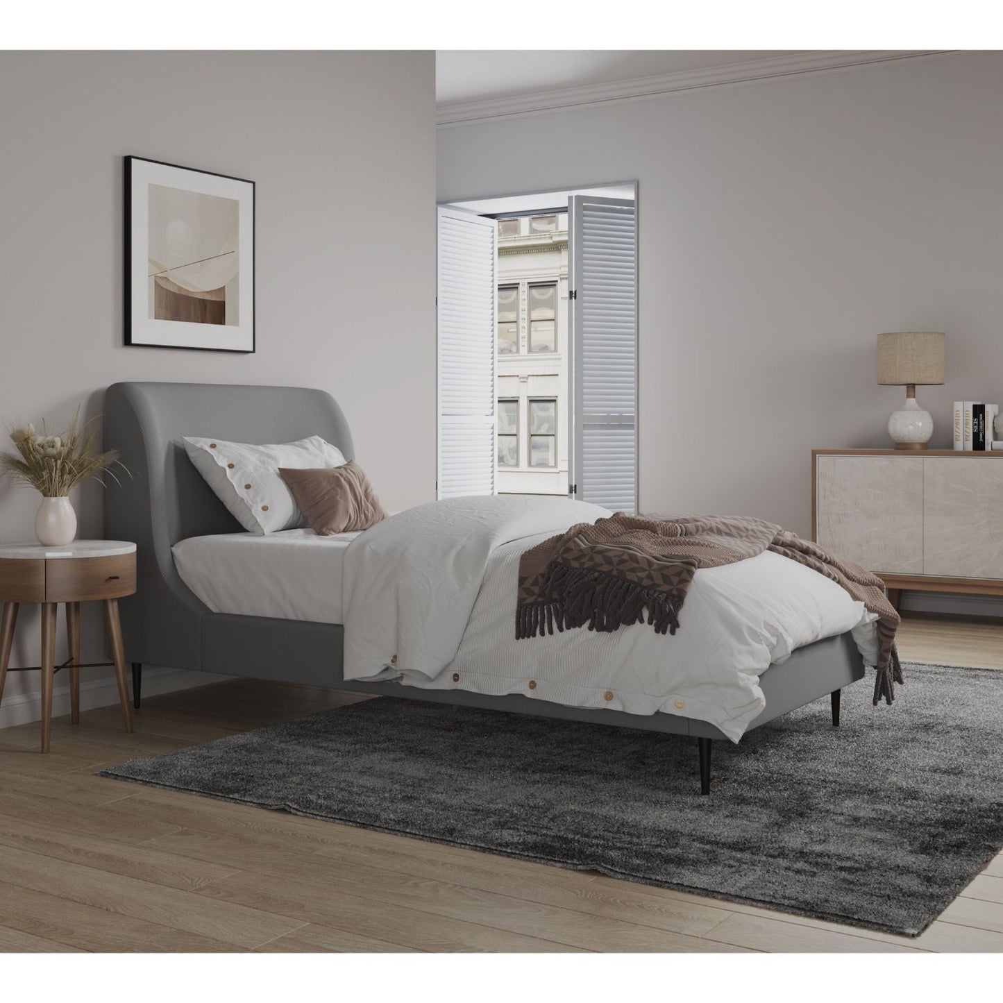 Twin Bed with Curved Velvet and Gray Headboard