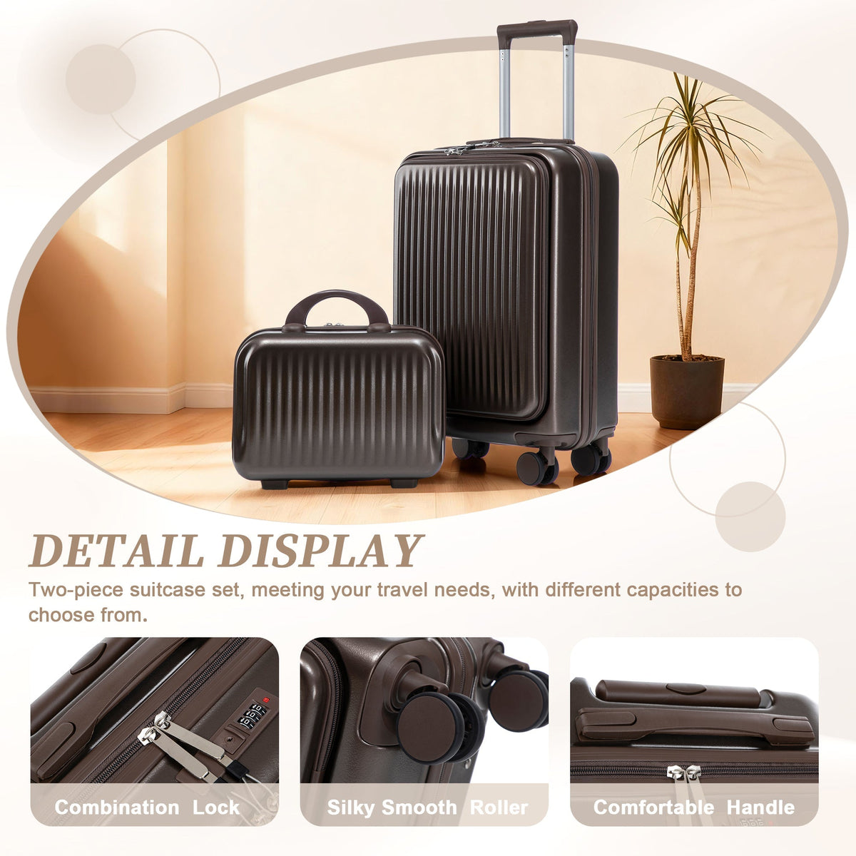 Three-piece ABS luggage set with 14' & 20' spinners and cosmetic case in dark espresso on Tampa Home & Garden Store