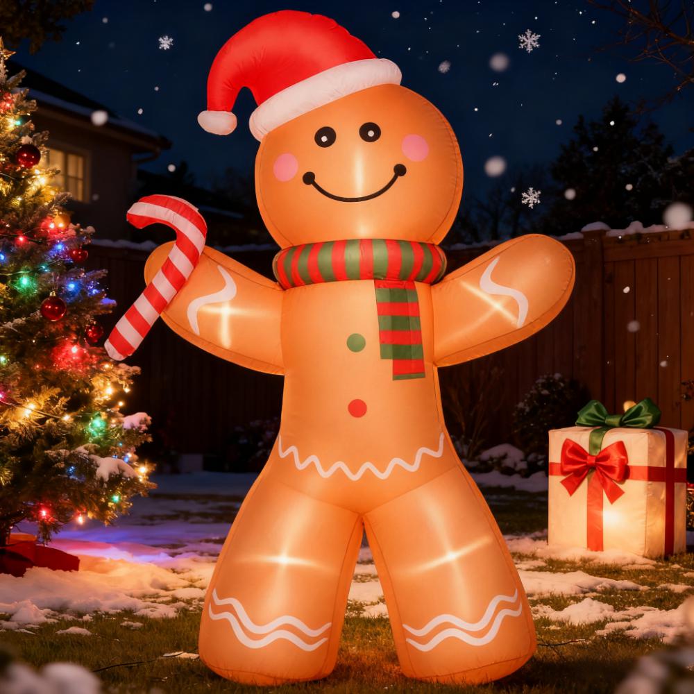 Outdoor inflatable gingerbread wig accessory HouseOfZazla, with red Santa hat and candy cane on Tampa Home & Garden Store