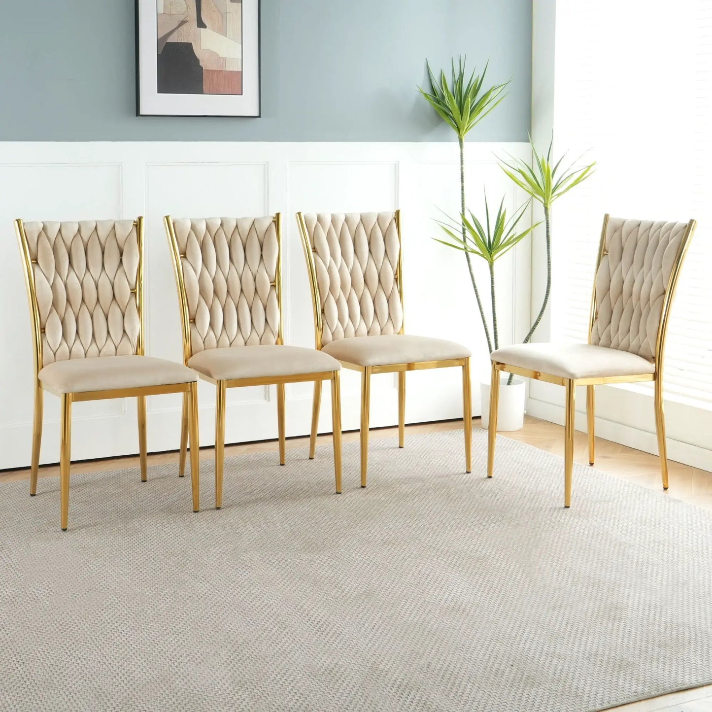 Modern dining chairs set of 5 in beige tufted fabric with gold metal legs on Tampa Home & Garden Store