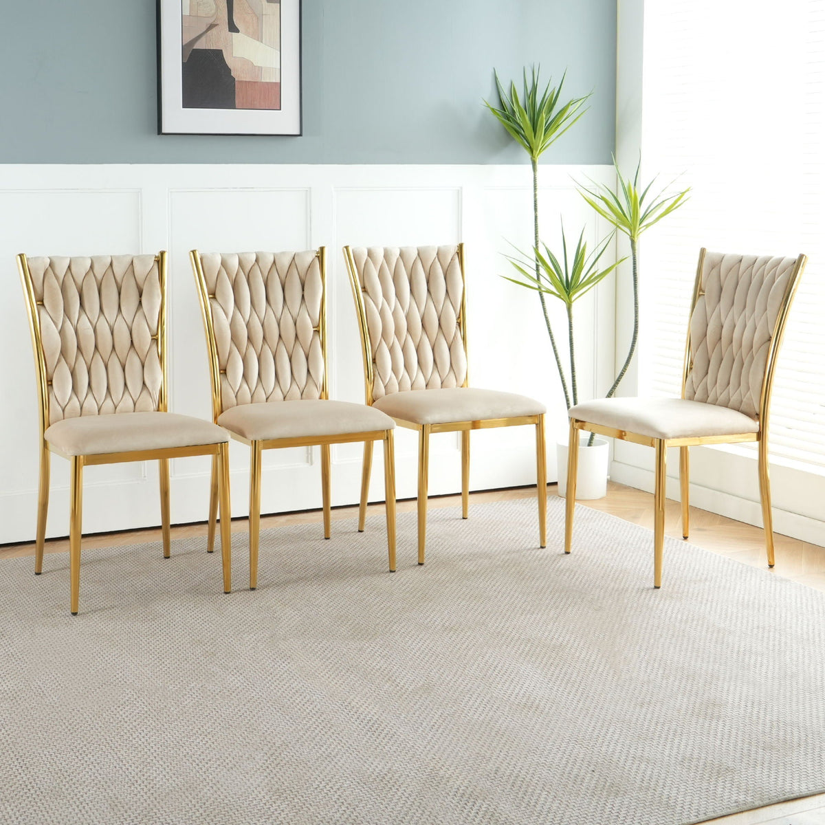 Modern dining chair set by HouseOfZazla with plated gold legs beige tufted seats 5 chairs on Tampa Home & Garden Store
