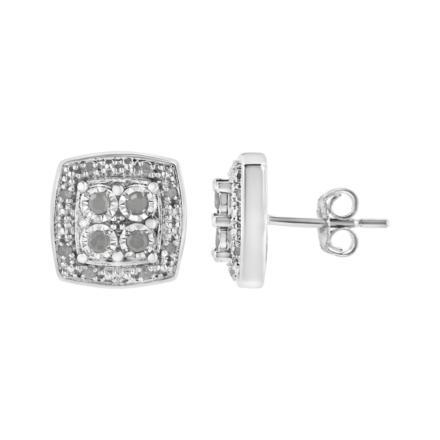 Diamond stud earrings in a square milgrain setting, .925 sterling silver, 1/4 cttw round-cut diamonds, I-J color, I3 clarity by Bids.com on Tampa Home & Garden Store