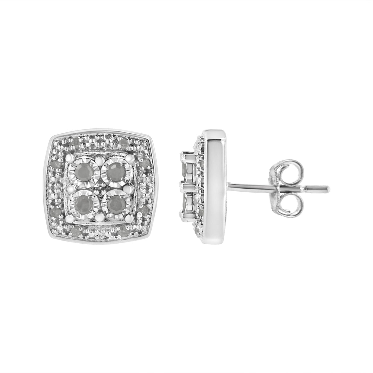 Diamond stud earrings in a square milgrain setting, .925 sterling silver, 1/4 cttw round-cut diamonds, I-J color, I3 clarity by Bids.com on Tampa Home & Garden Store