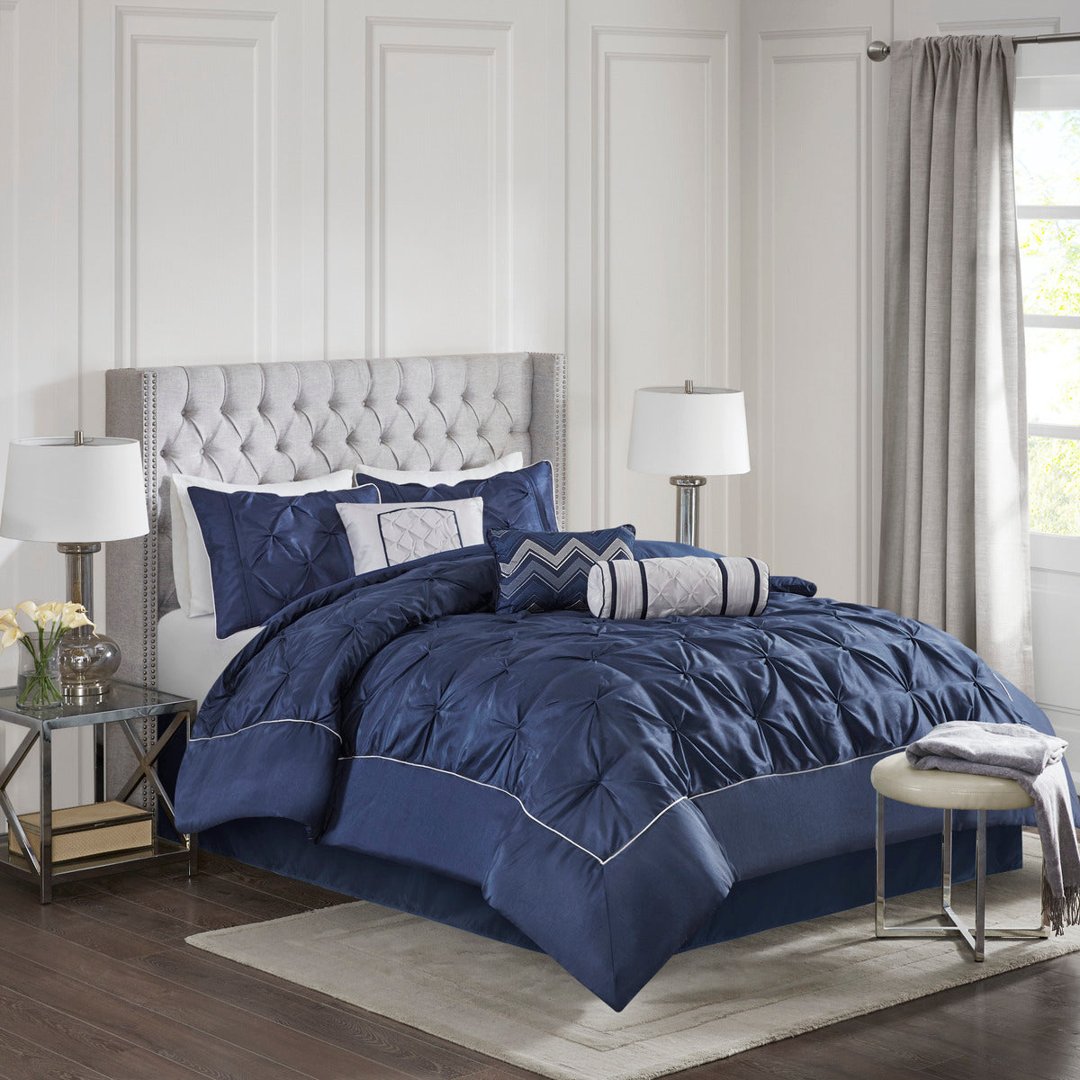 Navy Tufted 7 Piece Comforter Set For Queen Bed