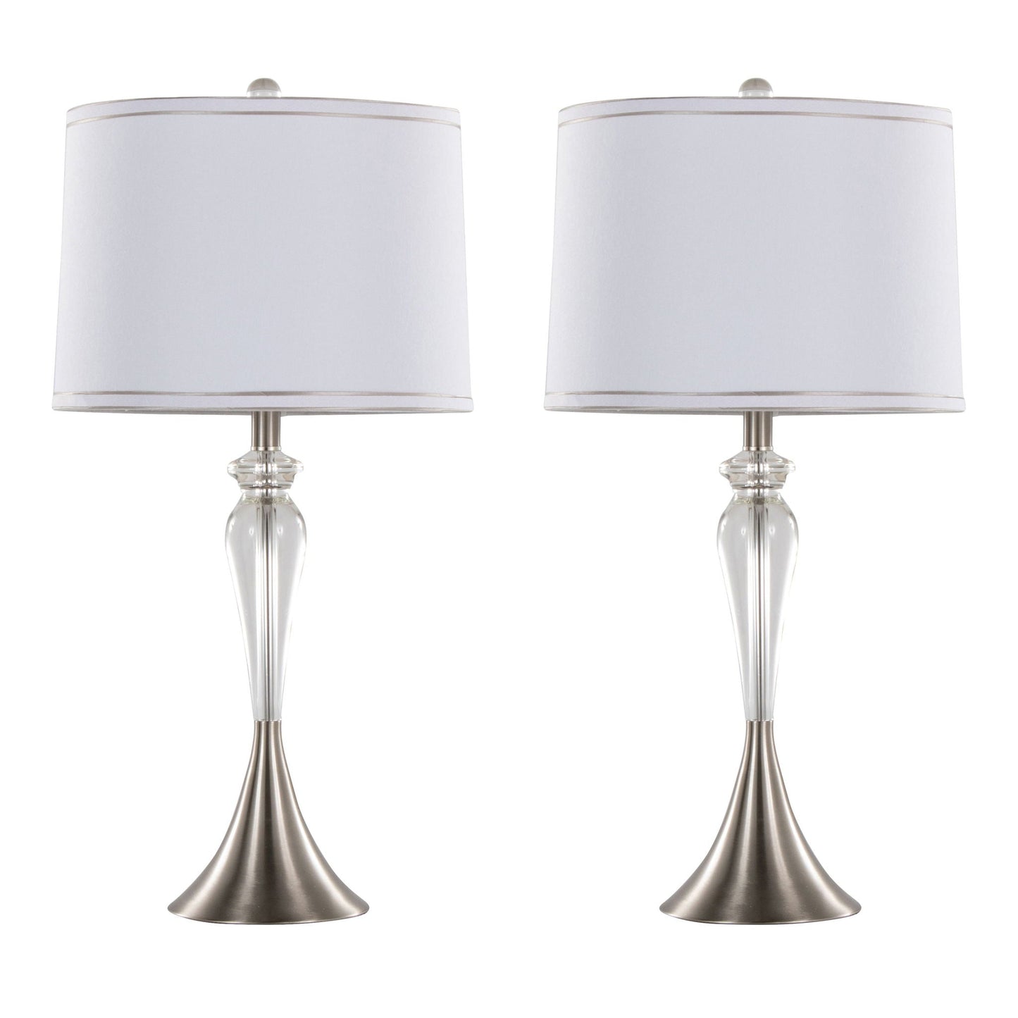 Ashland Crystal Table Lamp Set of 2 with clear crystal stems, nickel accents, white shades on Tampa Home & Garden Store