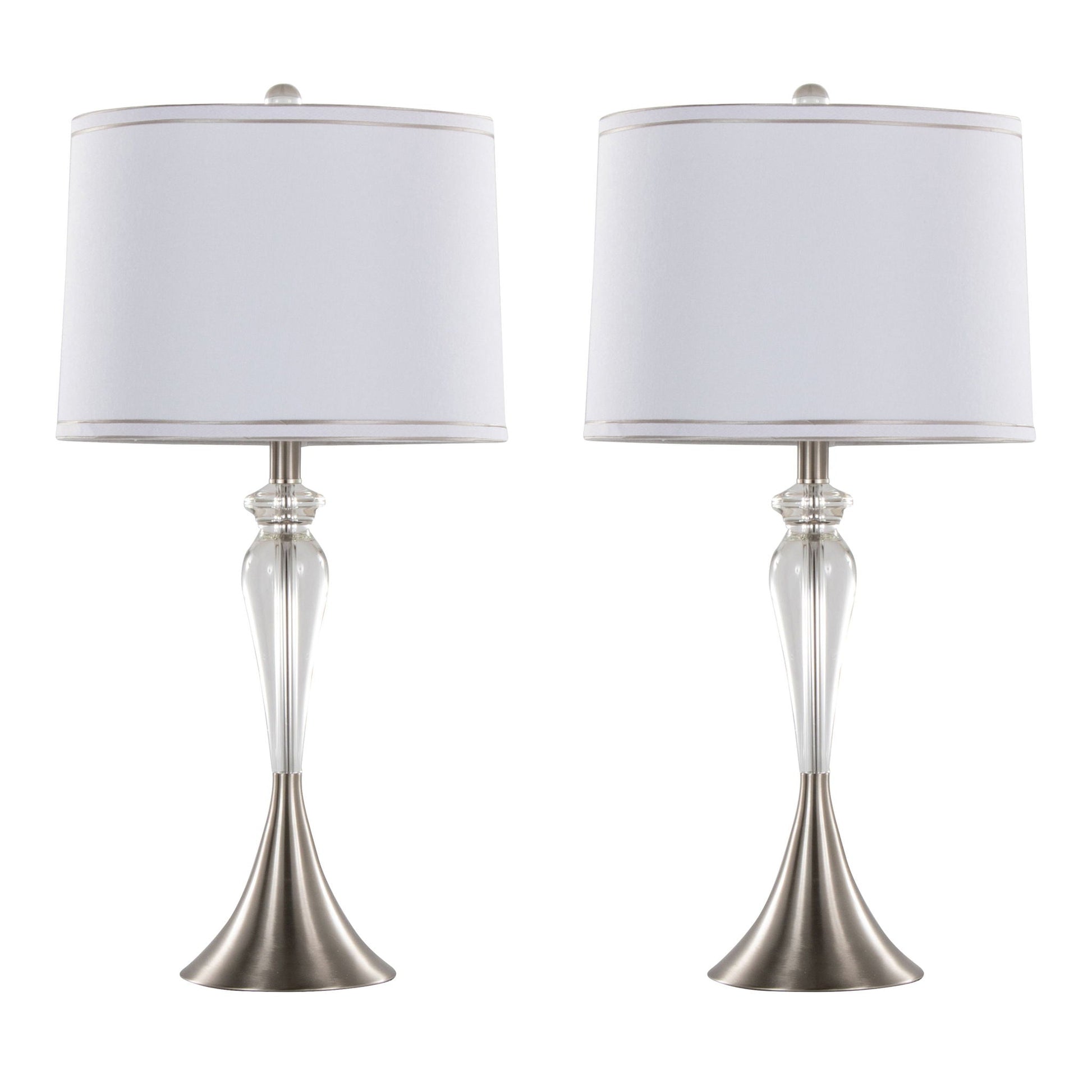 Ashland Crystal Table Lamp Set of 2 with clear crystal stems, nickel accents, white shades on Tampa Home & Garden Store