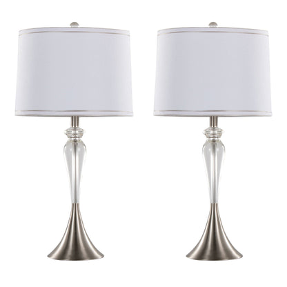 Ashland Crystal Table Lamp Set of 2 with clear crystal stems, nickel accents, white shades on Tampa Home & Garden Store