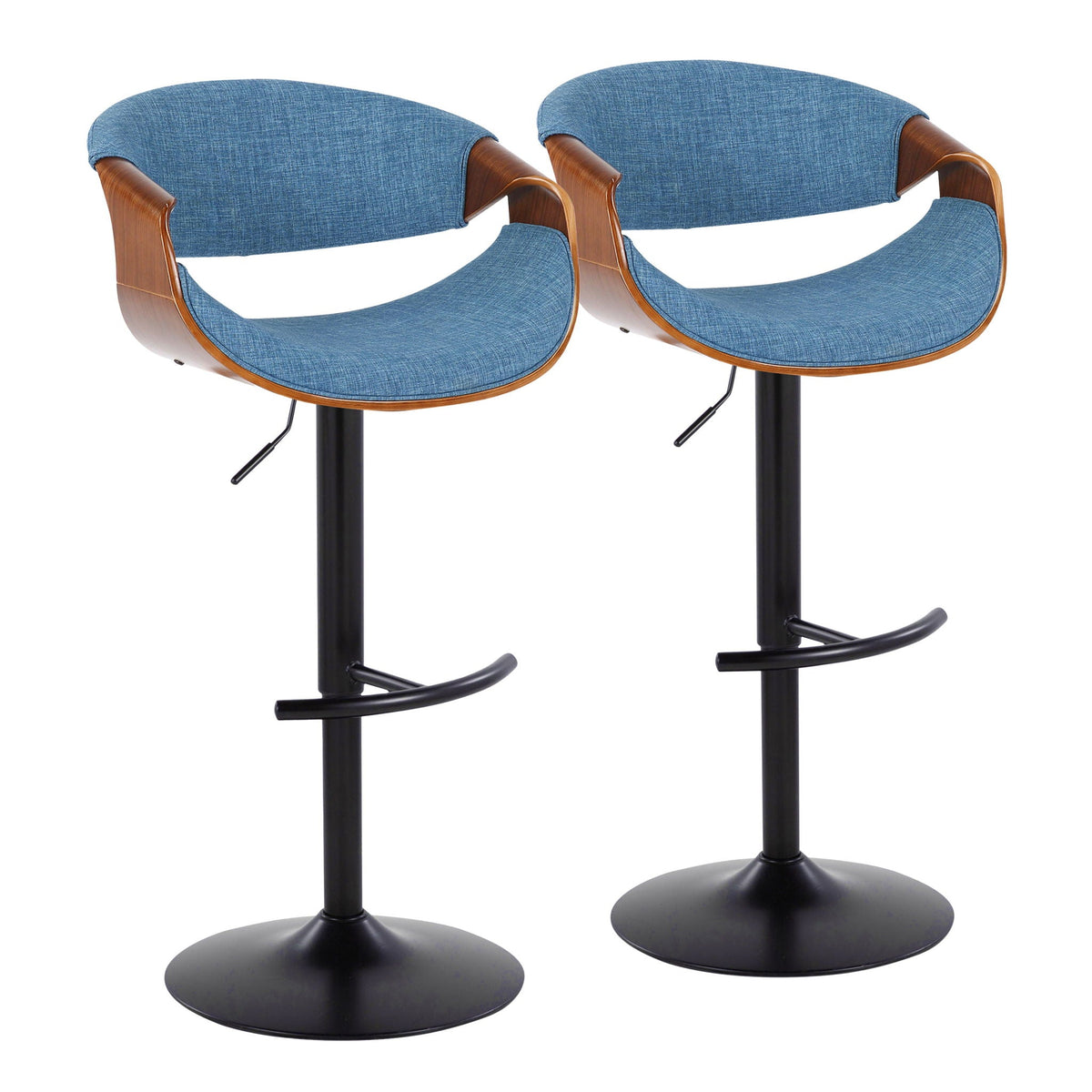 Barstool set of two in blue fabric with curved wood arms and black pedestal bases on Tampa Home & Garden Store