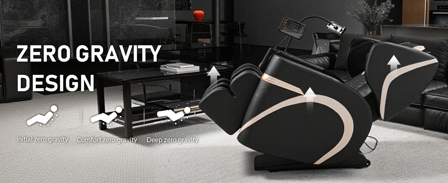 2026 Massage Chair Recliner in black leather with white trim, zero gravity design on Tampa Home & Garden Store