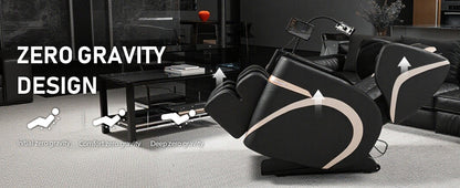 2026 Massage Chair Recliner in black leather with white trim, zero gravity design on Tampa Home & Garden Store