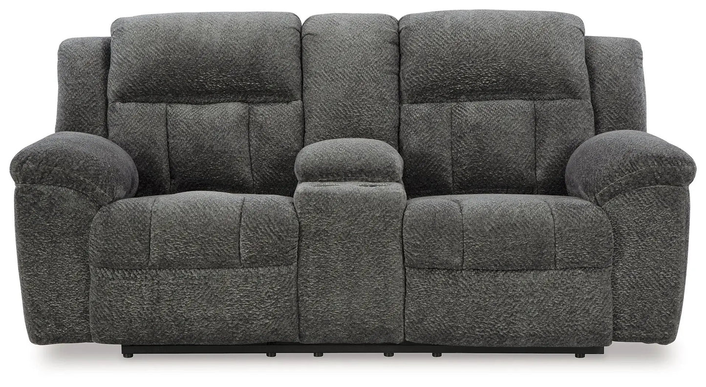 Frohn two-seat reclining loveseat with console in dark gray fabric by Unique Piece Furniture on Tampa Home & Garden Store