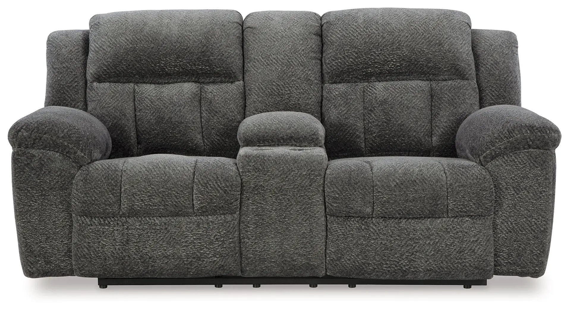 Frohn two-seat reclining loveseat with console in dark gray fabric by Unique Piece Furniture on Tampa Home & Garden Store