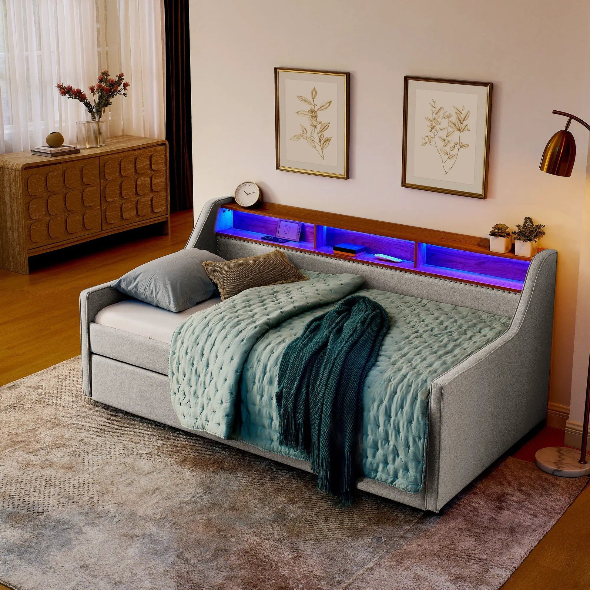 Upholstered storage bed in gray fabric with LED-lit headboard and blue under-bed lighting on Tampa Home & Garden Store
