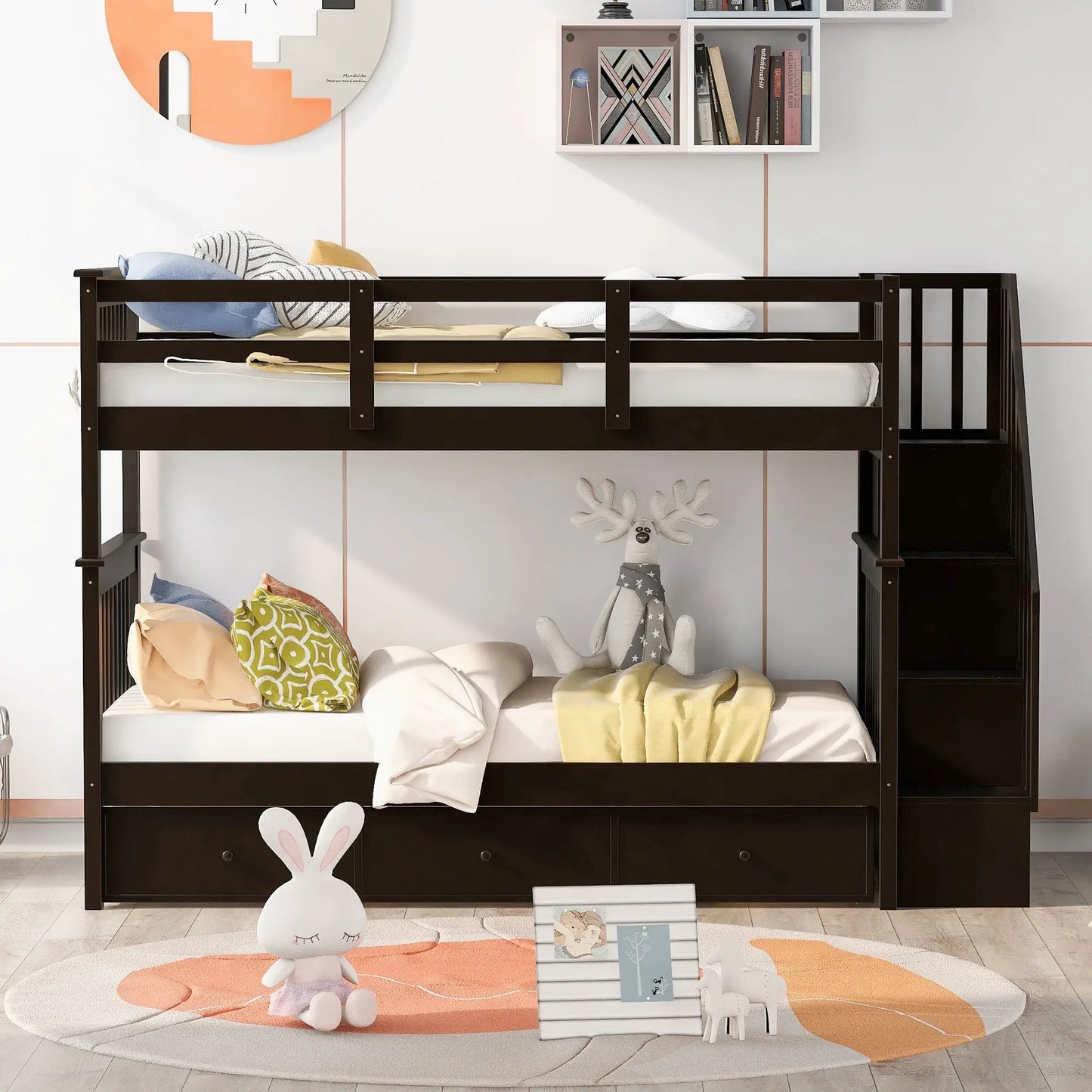 Stairway Bunk Bed with Storage and Guard Rail