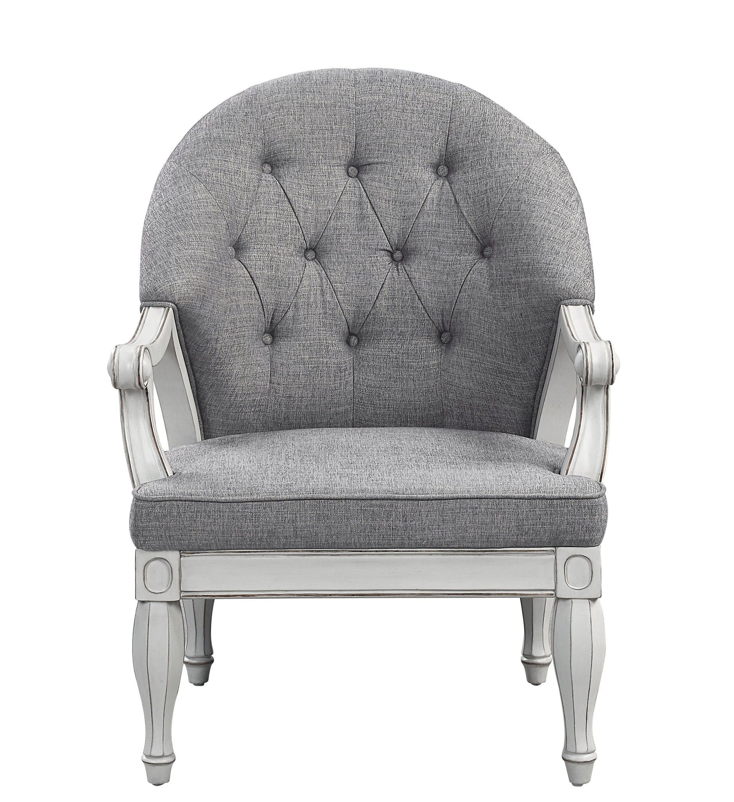 Florian antique armchair in gray fabric with tufted back and white carved wood frame on Tampa Home & Garden Store