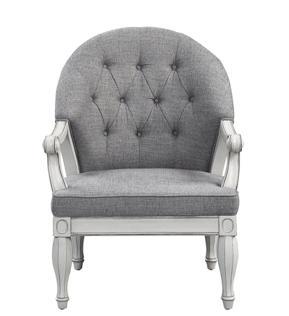 Florian antique armchair in gray fabric with tufted back and white carved wood frame on Tampa Home & Garden Store