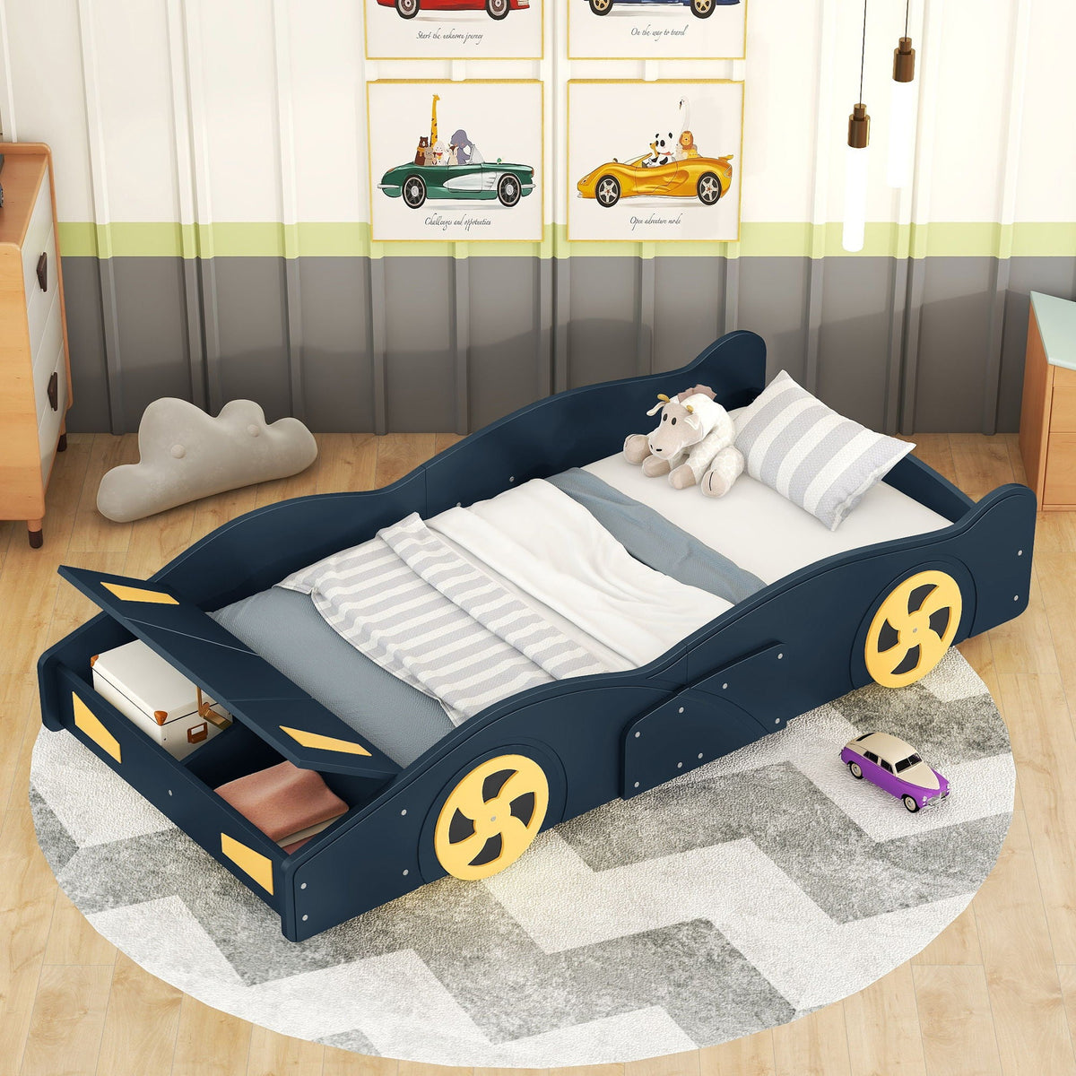Race car shaped platform bed in navy blue with yellow wheels and built-in storage drawers on Tampa Home & Garden Store