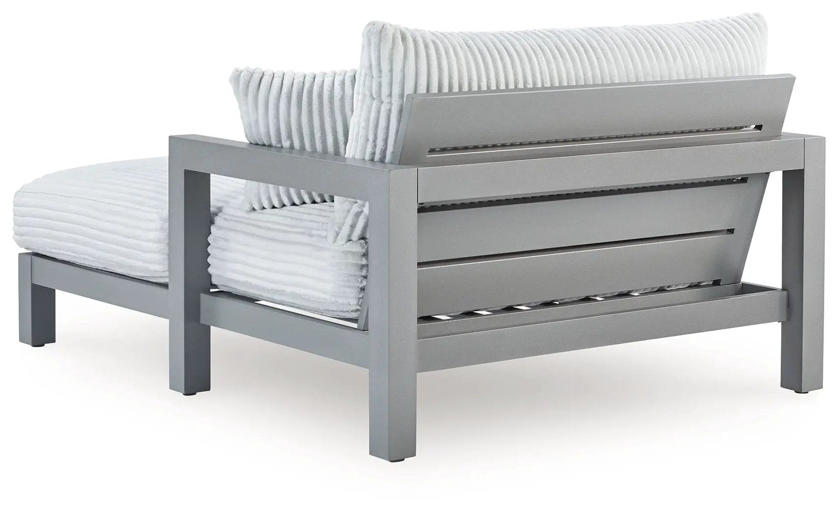 Hurley Park gray chaise lounge with white ribbed cushions and 3-drawer storage on Tampa Home & Garden Store