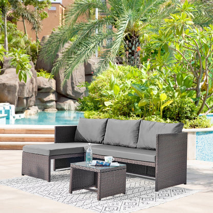 Menton 3-Piece Sectional Set by HouseOfZazla in dark wicker with gray cushions poolside on Tampa Home & Garden Store