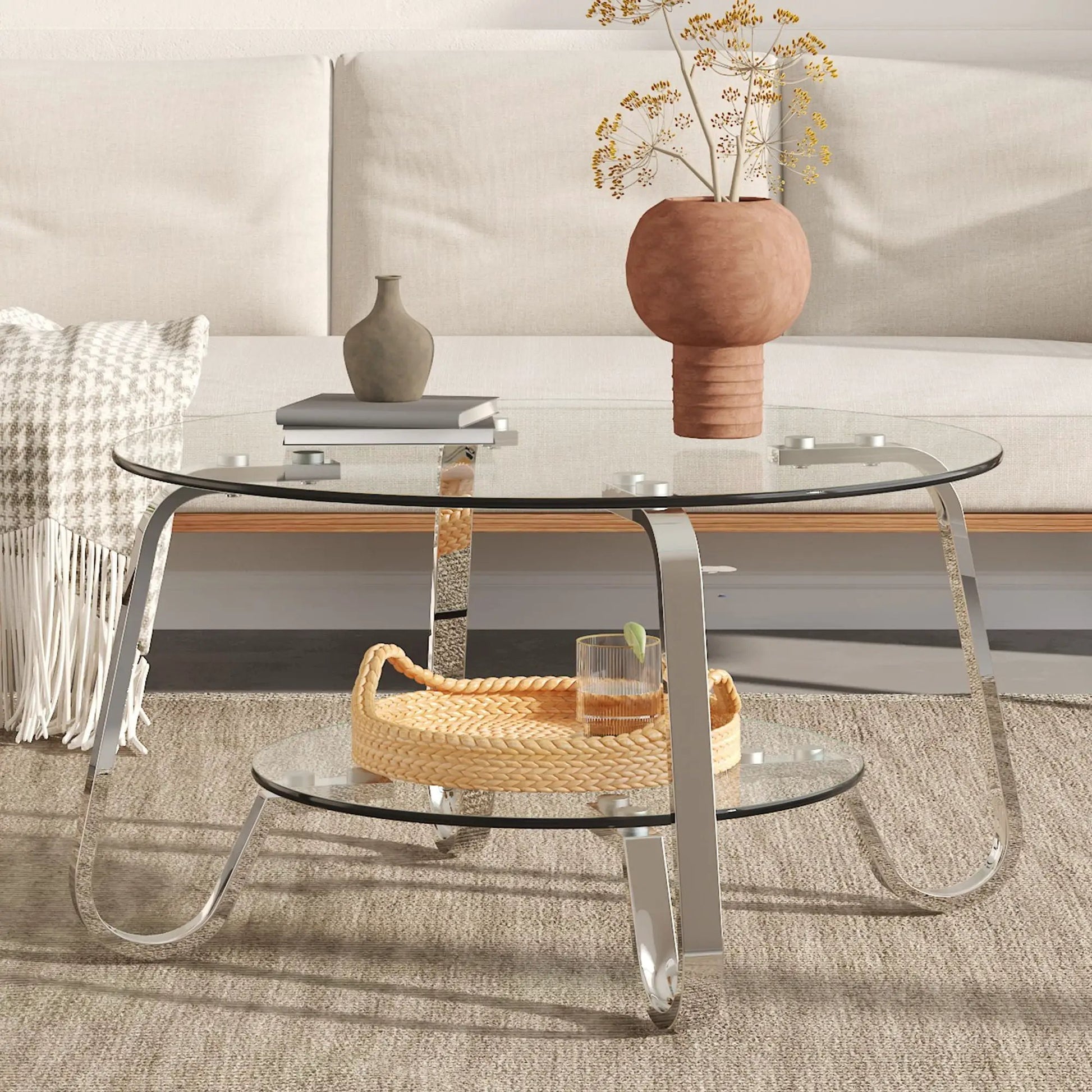 Double Layer Coffee Table glass top with chrome legs in neutral living room; terracotta vase on Tampa Home & Garden Store