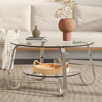 Double Layer Coffee Table glass top with chrome legs in neutral living room; terracotta vase on Tampa Home & Garden Store