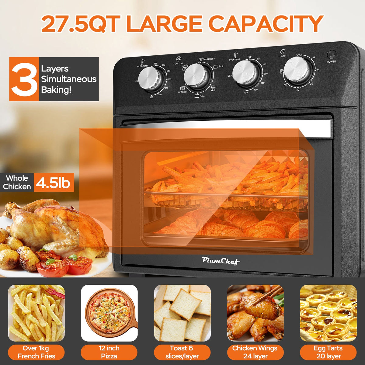 PlumChef Large Family Air Fryer Oven by HouseOfZazla; black 27.5 QT toaster oven with 3 dials on Tampa Home & Garden Store