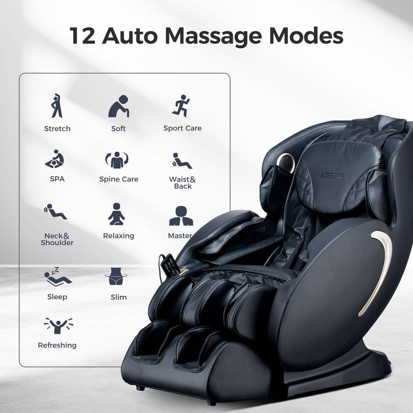 Bosscare 3D Zero Gravity Massage Chair full-body Shiatsu recliner in black leather on Tampa Home & Garden Store