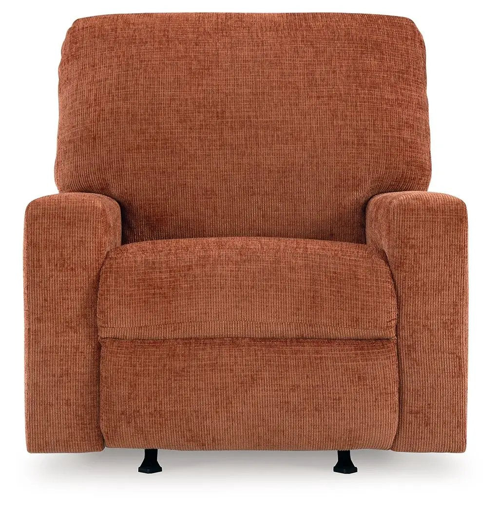 Aviemore Rocker Recliner by Unique Piece Furniture in burnt orange corduroy with plush arms on Tampa Home & Garden Store