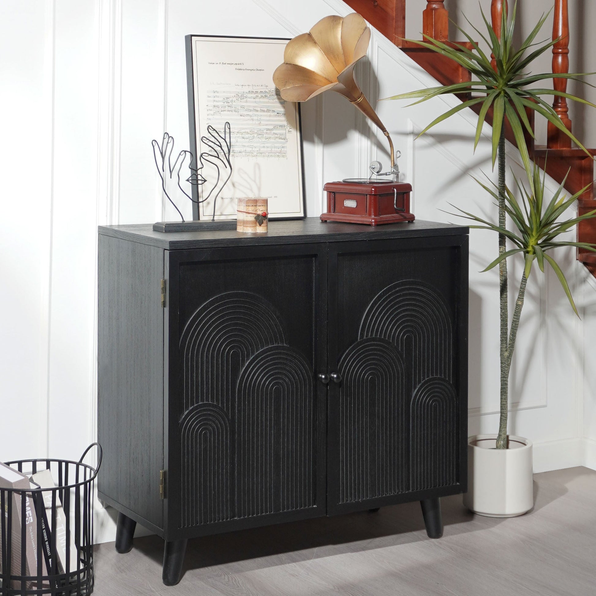 Modern Black Wood Storage Cabinet with Embossed Door, pattern and mid-century legs on Tampa Home & Garden Store
