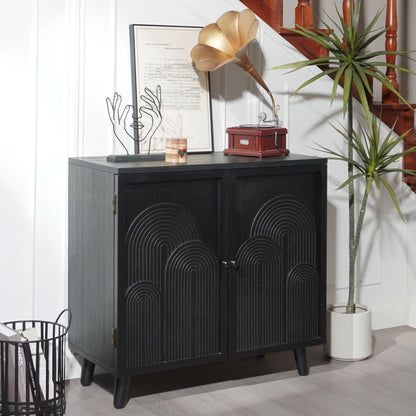 Modern Black Wood Storage Cabinet with Embossed Door, pattern and mid-century legs on Tampa Home & Garden Store